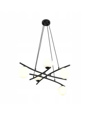 Nowoczesna lampa wisząca w stylu skandynawskim ESSA 5, czarna z białymi kloszami do jadalni i eleganckich wnętrz