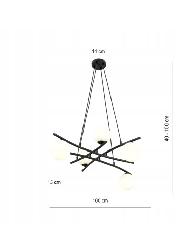 Nowoczesna lampa wisząca w stylu skandynawskim ESSA 5, czarna z białymi kloszami do jadalni i eleganckich wnętrz