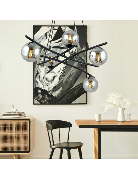 Lampa Wisząca ESSA z Chromowanymi Kloszami i Czarnymi Akcentami, 5x E14, 100 cm do Nowoczesnych Wnętrz