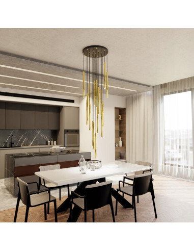 Lampa sufitowa SELTER GOLD – nowoczesny design z metalowymi soplami do biura, jadalni, salonu i sypialni.