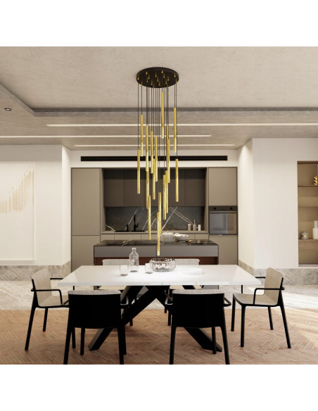 Lampa sufitowa SELTER GOLD – nowoczesny design z metalowymi soplami do biura, jadalni, salonu i sypialni.