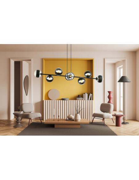 Lampa sufitowa ROSSI 8 BL STRIPE - nowoczesny iluminator z czarnymi kloszami do eleganckich wnętrz jadalni i salonu