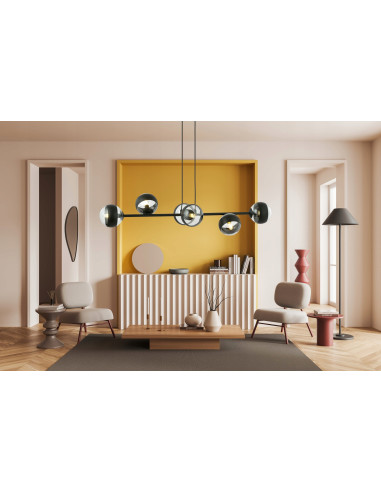 Nowoczesna lampa sufitowa ROSSI 6 z czarnym paskiem, 6 kloszami - elegancki dodatek do jadalni i biura, czarny metal/szkło E14