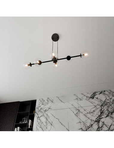 Lampa sufitowa ROSSI 6-punktowa z szklanymi kloszami, czarna, minimalistyczna, do jadalni i salonu, E14, 110 cm