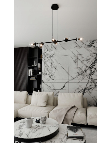 Lampa sufitowa ROSSI 6-punktowa z szklanymi kloszami, czarna, minimalistyczna, do jadalni i salonu, E14, 110 cm