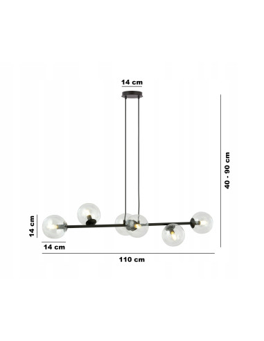 Lampa sufitowa ROSSI 6-punktowa z szklanymi kloszami, czarna, minimalistyczna, do jadalni i salonu, E14, 110 cm