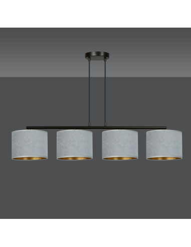 Lampa wisząca HILDE 4 - elegancki design z regulacją, welurowe abażury, szary kolor do jadalni i biura.
