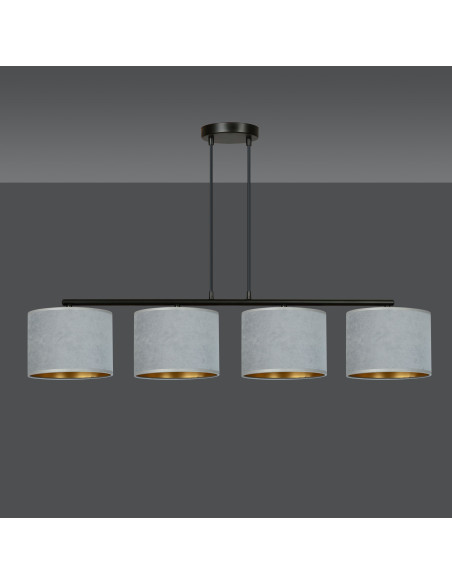 Lampa wisząca HILDE 4 - elegancki design z regulacją, welurowe abażury, szary kolor do jadalni i biura.