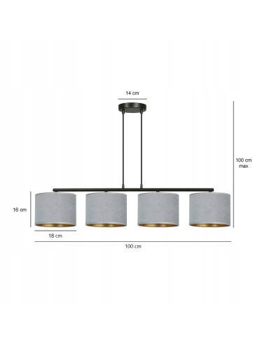 Lampa wisząca HILDE 4 - elegancki design z regulacją, welurowe abażury, szary kolor do jadalni i biura.