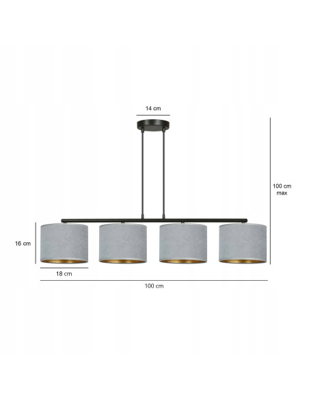 Lampa wisząca HILDE 4 - elegancki design z regulacją, welurowe abażury, szary kolor do jadalni i biura.