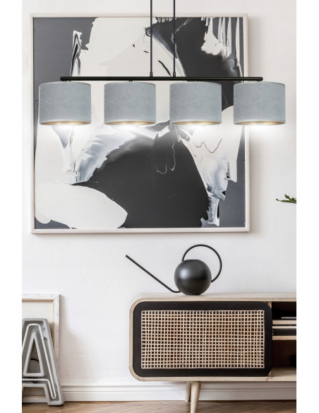 Lampa wisząca HILDE 4 - elegancki design z regulacją, welurowe abażury, szary kolor do jadalni i biura.