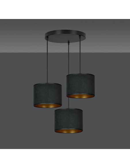 Lampa wisząca HILDE 3 BL PREMIUM z regulacją wysokości i welurowymi kloszami w kolorze czarnym i złotym