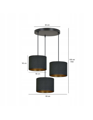 Lampa wisząca HILDE 3 BL PREMIUM z regulacją wysokości i welurowymi kloszami w kolorze czarnym i złotym