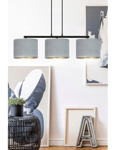 Lampa wisząca HILDE 3 E27 z eleganckim welurowym abażurem w odcieniach szarości dla stylowego wnętrza