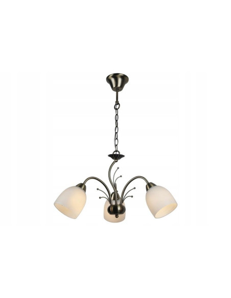 Żyrandol Alice 3×E27 w patynowym wykończeniu z białymi kloszami – elegancka lampa do stylowych wnętrz