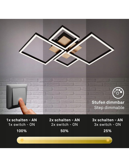 Nowoczesna lampa wisząca LED Briloner Leuchten 4 z drewna - szary kwadratowy plafon do salonu i jadalni