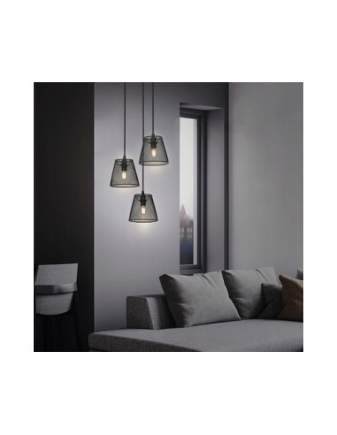 Nowoczesna lampa wisząca 3-punktowa w czerni z drewnianymi akcentami - elegancja do salonu i jadalni.