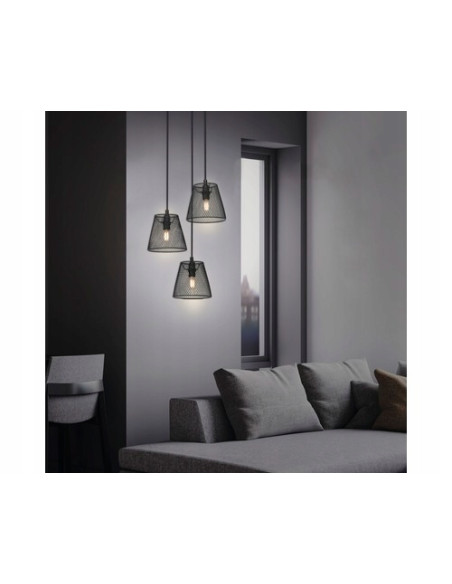 Nowoczesna lampa wisząca 3-punktowa w czerni z drewnianymi akcentami - elegancja do salonu i jadalni.