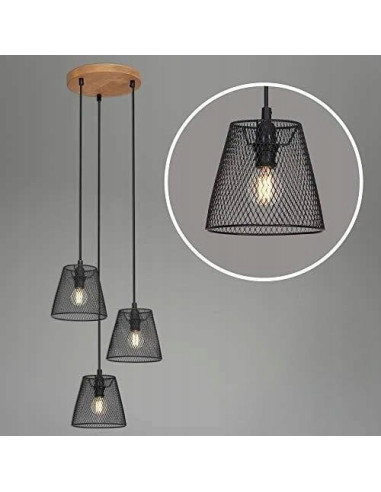 Nowoczesna lampa wisząca 3-punktowa w czerni z drewnianymi akcentami - elegancja do salonu i jadalni.