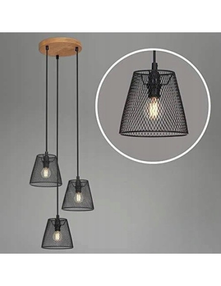 Nowoczesna lampa wisząca 3-punktowa w czerni z drewnianymi akcentami - elegancja do salonu i jadalni.