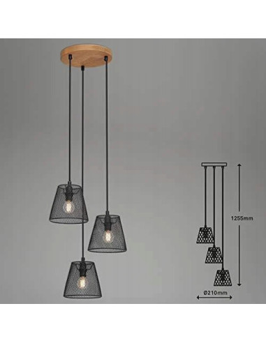 Nowoczesna lampa wisząca 3-punktowa w czerni z drewnianymi akcentami - elegancja do salonu i jadalni.