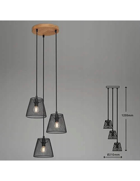 Nowoczesna lampa wisząca 3-punktowa w czerni z drewnianymi akcentami - elegancja do salonu i jadalni.