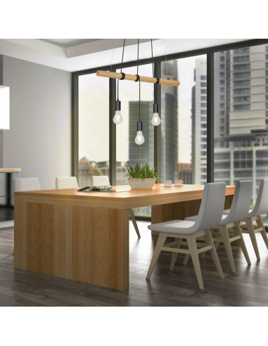 Lampa wisząca industrialna Briloner 3-punktowa z drewnianą belką E27, regulowana wysokość do 150 cm