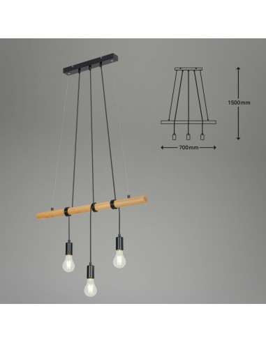 Lampa wisząca industrialna Briloner 3-punktowa z drewnianą belką E27, regulowana wysokość do 150 cm