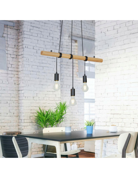 Lampa wisząca industrialna Briloner 3-punktowa z drewnianą belką E27, regulowana wysokość do 150 cm
