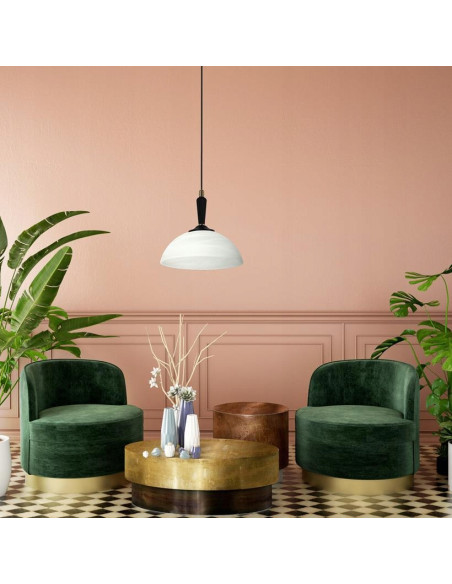 Lampa wisząca Davio z eleganckim szklanym kloszem, biała/czarna/złota, 85 cm, stylowy dodatek do wnętrz i oświetlenia.