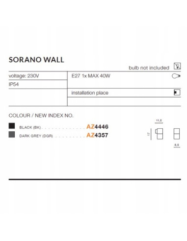 Kinkiet zewnętrzny AZzardo SORANO WALL czarny, nowoczesny, IP54, E27, 40W, metalowy, idealny na taras i balkon