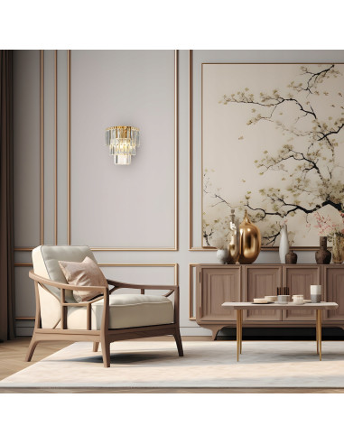 Kinkiet Złoty Kryształowy MILANO - Elegancka Lampa Art Déco do Sypialni i Salonu z Dwiema Gniazdami E14