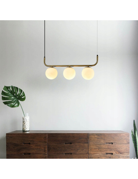 Lampa wisząca Alisa - nowoczesne złote oświetlenie z eleganckimi białymi kulami do biur i wnętrz.