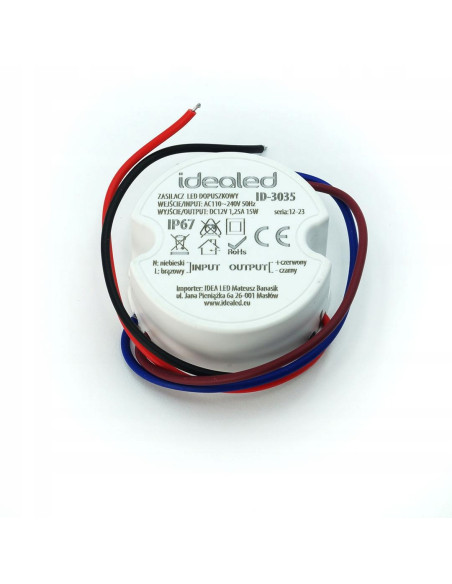 Wodoodporny zasilacz elektryczny 12V DC 20W, 1,67A, IP67, certyfikaty CE i RoHS, do instalacji zewnętrznych