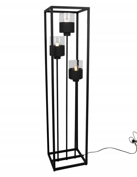 Lampa Podłogowa ROMA CAGE z Metalowym Prostopadłościanem i Industrialnymi Kloszami E27, Czarna Przezroczysta