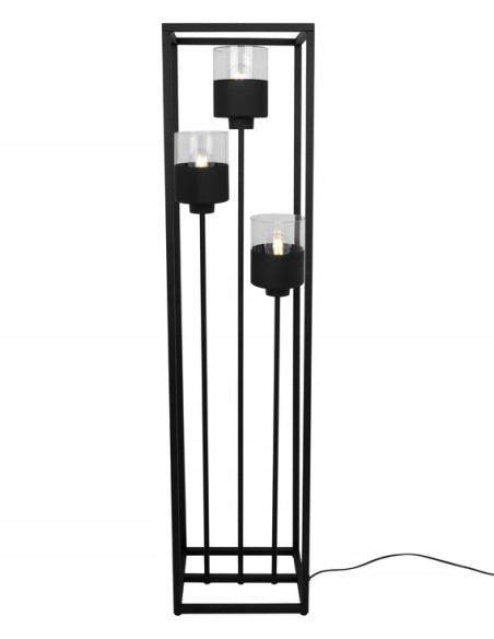 Lampa Podłogowa ROMA CAGE z Metalowym Prostopadłościanem i Industrialnymi Kloszami E27, Czarna Przezroczysta