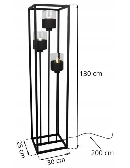 Lampa Podłogowa ROMA CAGE z Metalowym Prostopadłościanem i Industrialnymi Kloszami E27, Czarna Przezroczysta