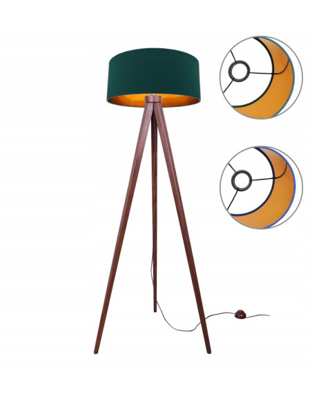 Lampa podłogowa SHADE z zielonym abażurem na trójnogu – elegancki dodatek do sypialni i salonu.