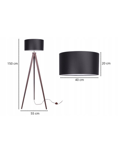 Lampa podłogowa TRIPOD z czarnym abażurem – nowoczesny trójnóg do wnętrz i czytania, elegancki design.
