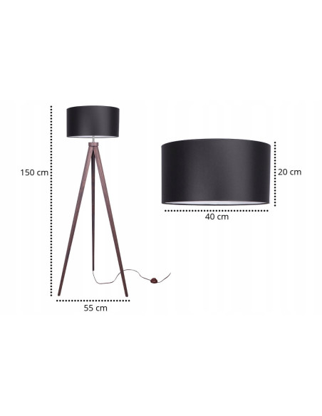 Lampa podłogowa TRIPOD z czarnym abażurem – nowoczesny trójnóg do wnętrz i czytania, elegancki design.