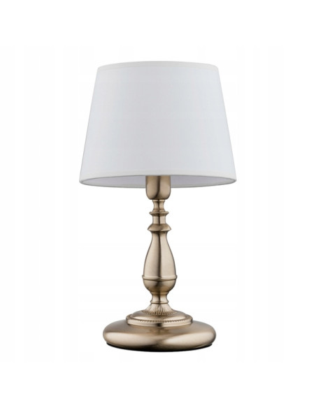 Lampa nocna ROKSANA PATYNOWA z mosiężnym stelażem i eleganckim abażurem - stylowa ozdoba do salonu i sypialni
