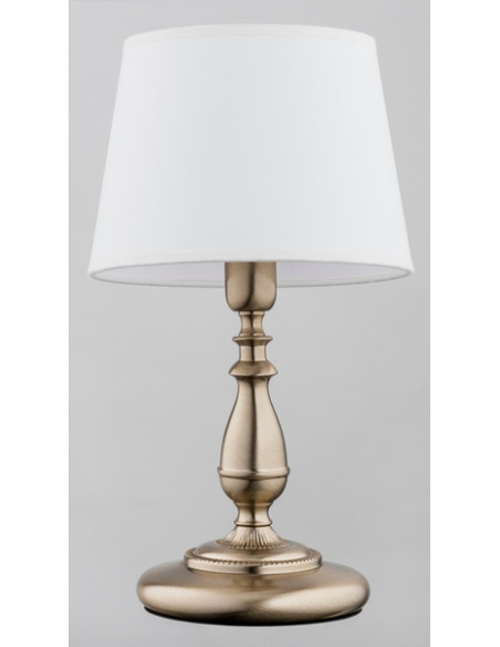 Lampa nocna ROKSANA PATYNOWA z mosiężnym stelażem i eleganckim abażurem - stylowa ozdoba do salonu i sypialni