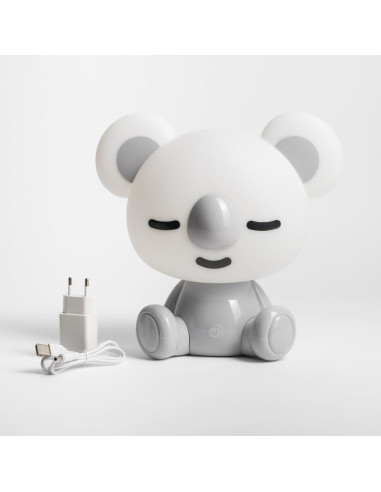 Lampka nocna KOALA z LED, biała i szara, dziecięca lampka stołowa z przymkniętymi oczami, 3W, 93 lumeny.