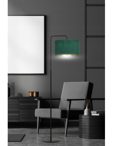 Elegancka lampa podłogowa HILDE LP1 BL w zielonym z abażurem welurowym, idealna do biura i nowoczesnych wnętrz.