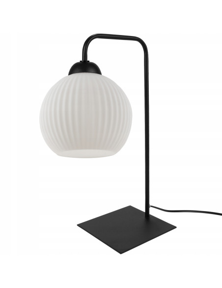 Lampa biurkowa RIFFLE czarna z białym kloszem, elastyczna szyja - eleganckie oświetlenie do biura i sypialni.