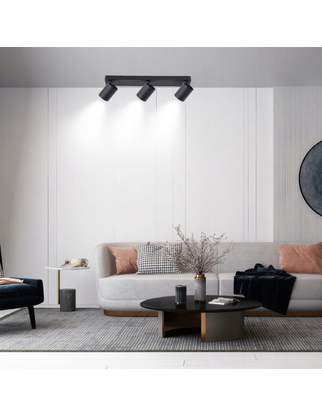 Czarna listwa sufitowa Snow 3 z regulowanymi reflektorami GU10 do eleganckich wnętrz - wysoka jakość i nowoczesny design.