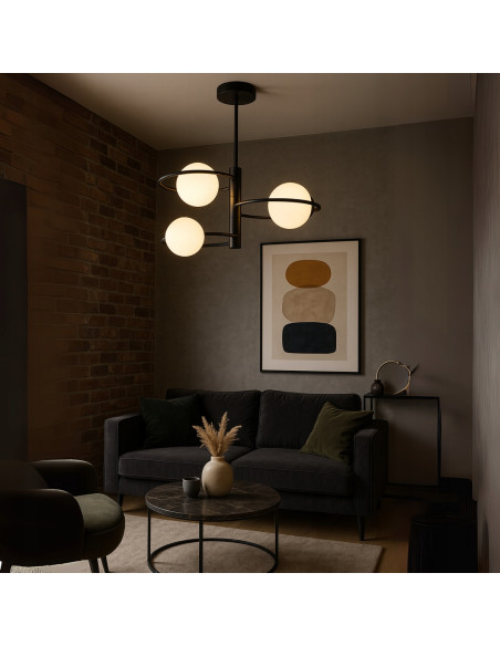 Lampa sufitowa Dorado z białymi kulami na czarnej ramie – nowoczesne oświetlenie do salonu i jadalni