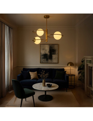 Lampa sufitowa Dorado Ring 3 z okrągłymi kloszami, złote wykończenie, nowoczesny design do salonu i jadalni