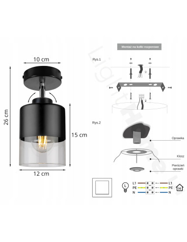 Reflektor sufitowy ROMA - czarno-przezroczysty, regulowany, nowoczesne oświetlenie do eleganckich wnętrz