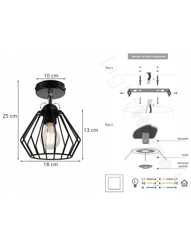 Plafon EDISON w industrialnym stylu - metalowy reflektor rombowy do nowoczesnych wnętrz i loftowych aranżacji.